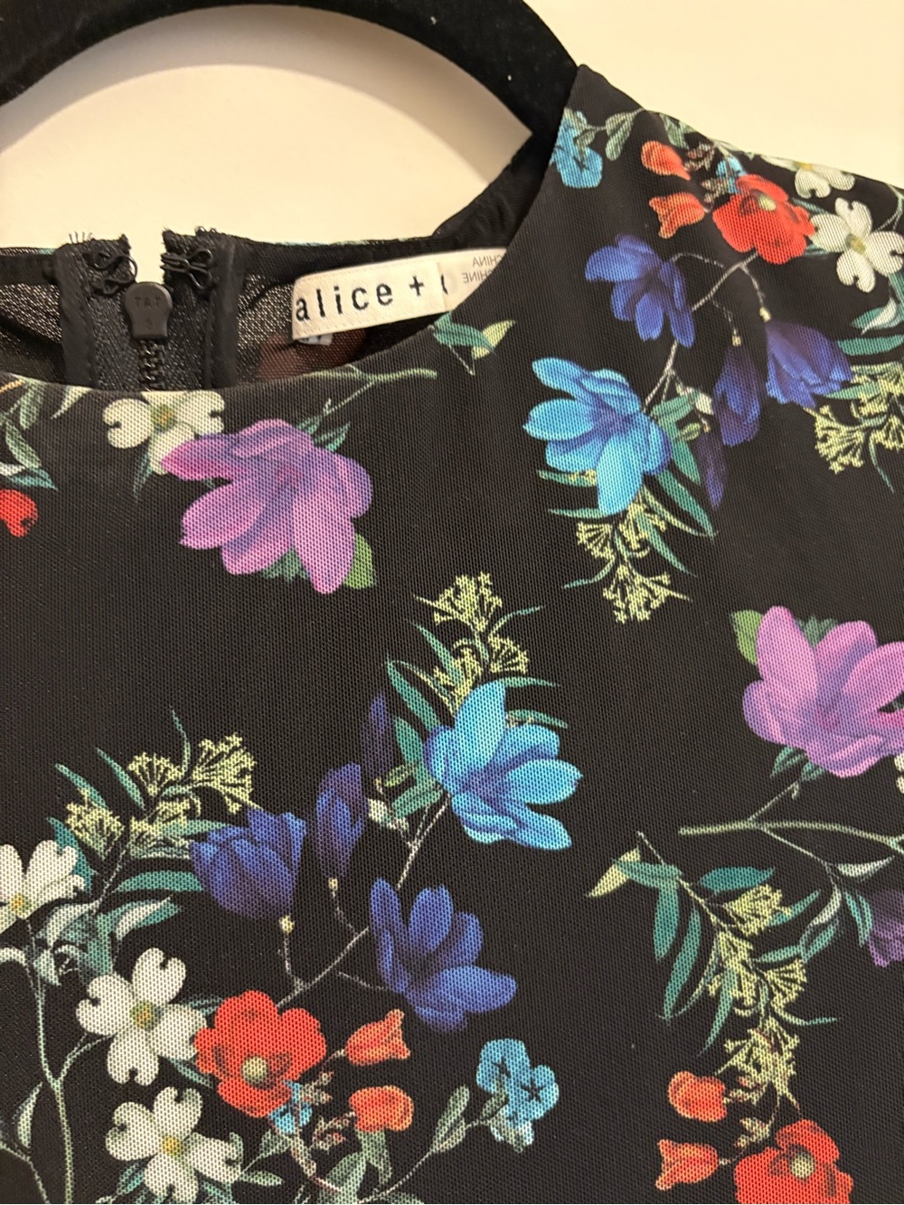 Alice + Olivia Black Floral Fit & Flare Dress with Blue, Purple, Red Accents - Picture 2 of 3